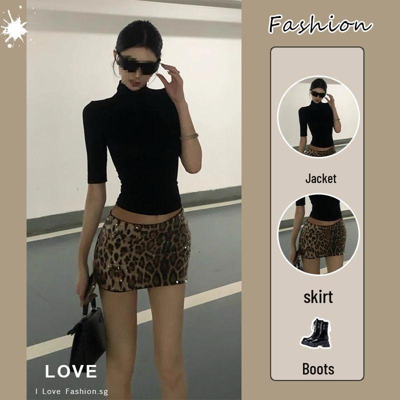 

Summer 2026: Women s High Neck Slim Fit T-shirt & High Waist Leopard Skirt Set S 80-90