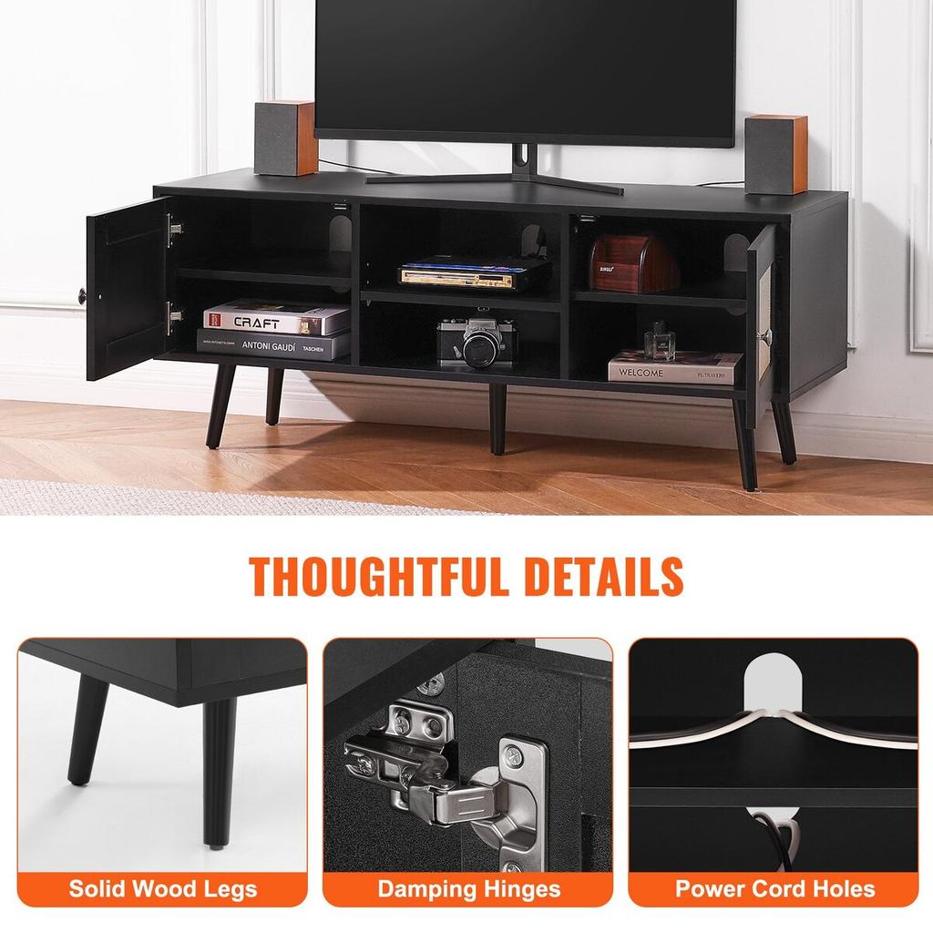 Rattan TV Stand, Boho TV Cabinet for 55 Inch TV, Mid Century Modern TV Stand, Rattan TV Console with Adjustable Shelfs for Living Room, Media Room,