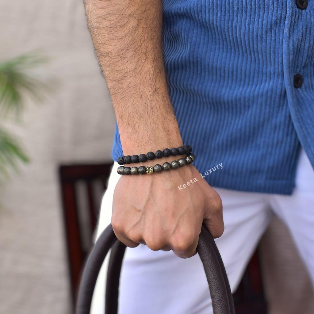 Natural Pyrite And Lava Beaded Bracelets Two Gemstone Stretchable Bracelets For men Healing Gemstone Jewelry Unique Gifts for him