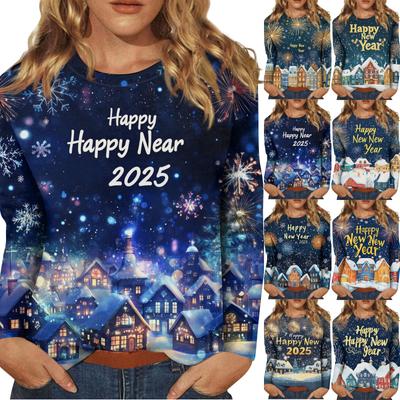 Women's Casual Fashion Sexy Comfortable Christmas Printed Round Neck Long Sleeve Top