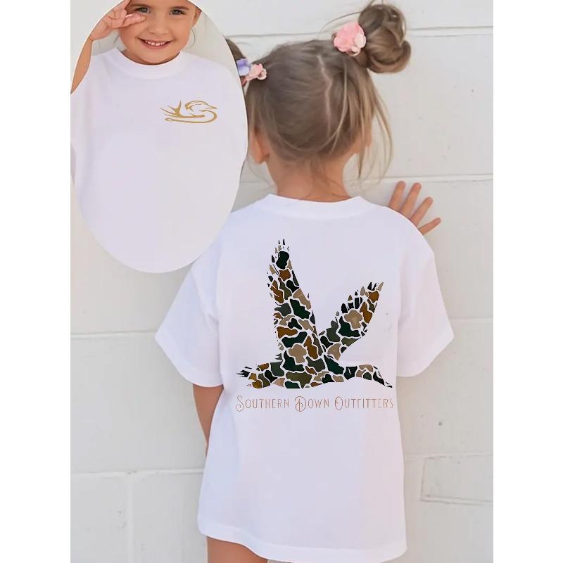 

European sizes Girls Reversible Camouflage Bird Print Tee - Breathable Short-Sleeve Round Neck Top, Casual Wear, Machine Washable 98cm белый