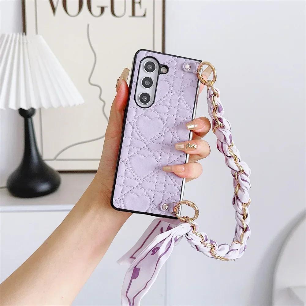 

Ромбовидное сердце любви Обложка из ПУ кожи с шарфом Сумочка в стиле цепочки Ремешок на запястье для чехла для телефона Samsung Galaxy Z Fold 6 5 4 3 5G For Galaxy Z Fold 6 фиолетовый