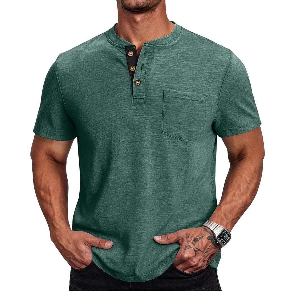 Men Henley Neck Short Sleeve T Shirt Casual Basic Button Front Athletic Fit Pullover Top with Chest Pocket for Everyday Wear