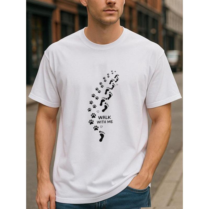 

European sizes Walk with Me Foot Print and Paw Print Pet Warm Style Summer Fashion T-shirt | Men S Casual Crew Neck 4XL білий