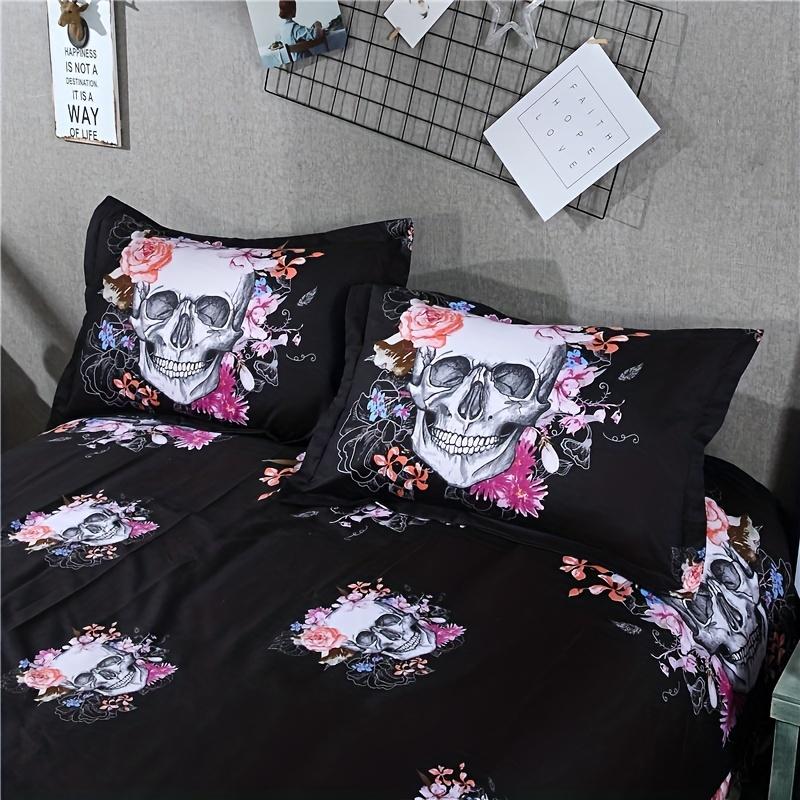 3pcs Soft and Comfortable Skull Flower Print Duvet Cover Set for Bedroom and Guest Room - Includes 1 Duvet Cover and 2 Pillowcas