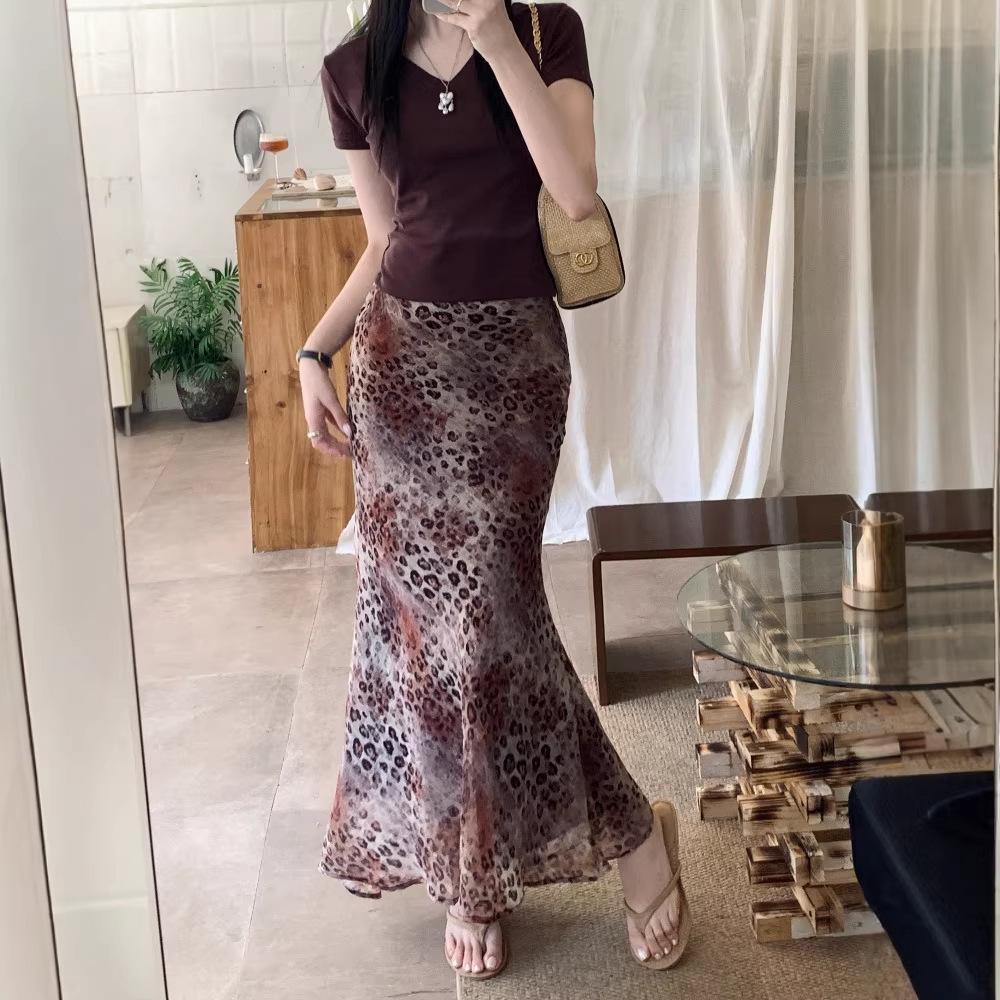 Women s Summer Leopard Print High-Waist Chiffon Skirt in French Retro Style 4XL