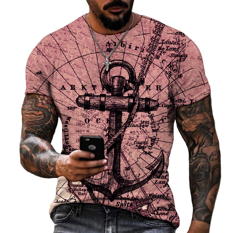 Summer Round Neck 3D Anchor Pattern Print Top Fashionable Casual Short Sleeved Men's T-shirts