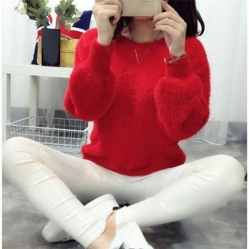 Zimowe swetry z wełny imitującej norki, ciepłe, polarowe, jednokolorowe, damskie, elastyczne, swobodne, z okrągłym dekoltem i długimi bufiastymi rękawami, damskie, dzianinowe topy
