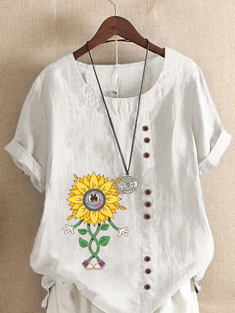 Women's Fashion Abstract Sunflower Print Casual Cotton Linen Short Sleeve Round Neck T-shirt Shirt Leisure Loose Summer Blouse Tops