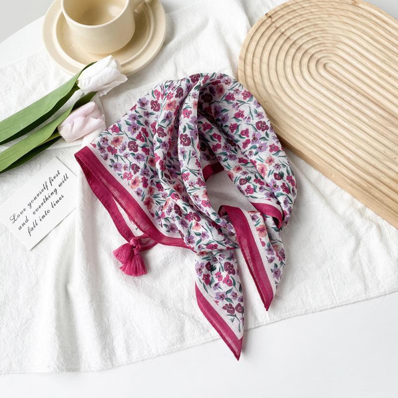 Small Fresh And Sweet Silk Scarf Square Scarf High-End Cute Style With Cotton And Linen Small Square Scarf Women'S Scarf Fringed Pendant
