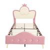 Upholstered Bed, Children's Bed, with Soft Protective Edges, Monochrome LED Strip, Headboard with Crown, Single Bed, PU, Pink+White, 90x200CM