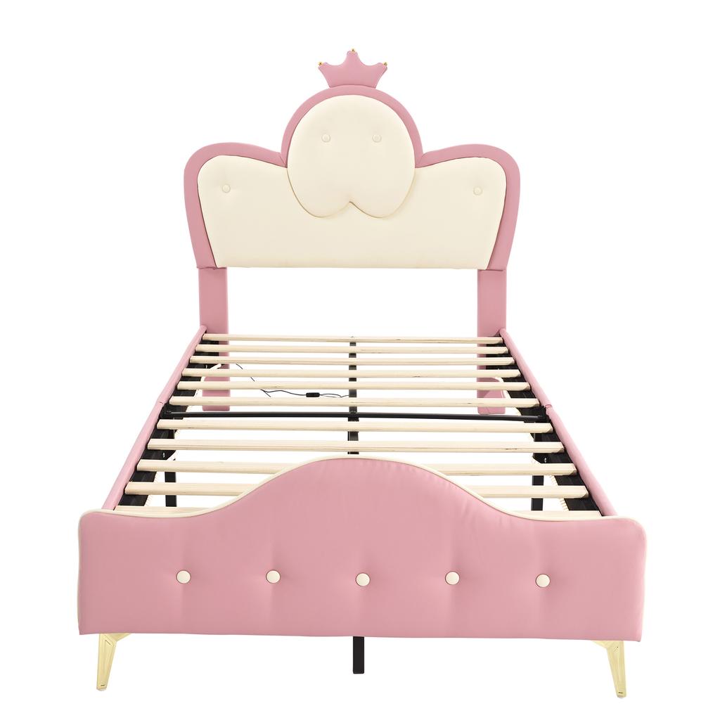 Upholstered Bed, Children's Bed, with Soft Protective Edges, Monochrome LED Strip, Headboard with Crown, Single Bed, PU, Pink+White, 90x200CM