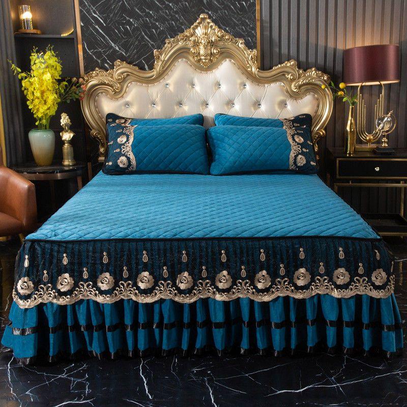 High Grade Winter Crystal Velvet Thicken Quilted Bedspread King Queen Size Flannel Quilting Bed Skirt Including Pillowcase
