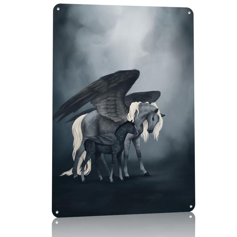 Dark Pegasus Mare and Foal Personalized D Textured Metal Poster Wall Art Tinplate Sign for Luxury Decoration Home Decorations