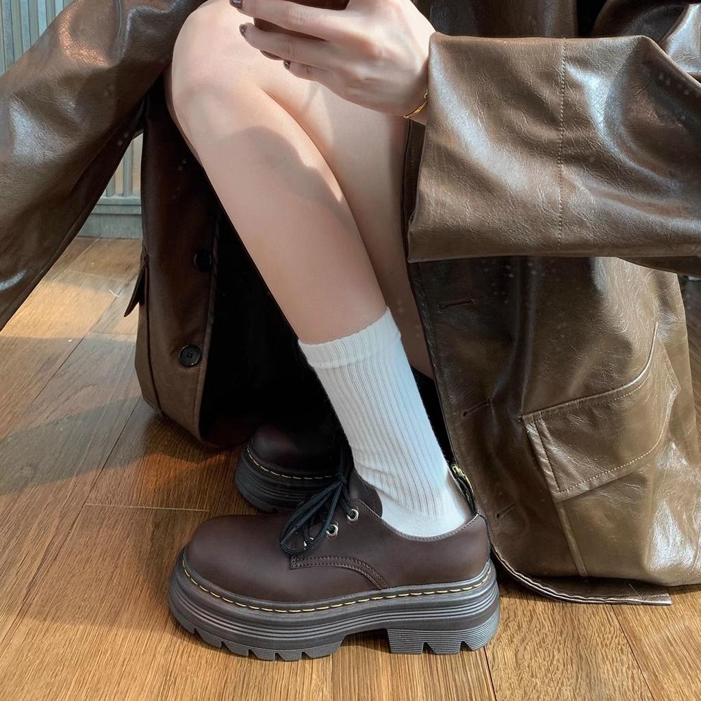 Grape mother British style small leather shoes women's comfortable platform big head women's shoes front lace-up small height-increasing loafers