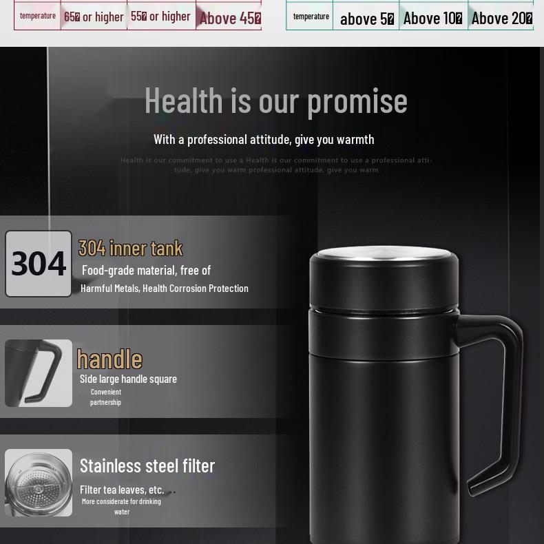 Insulated Stainless Steel Water Bottle with Handle & Tea Infuser - Large Capacity for Office Use