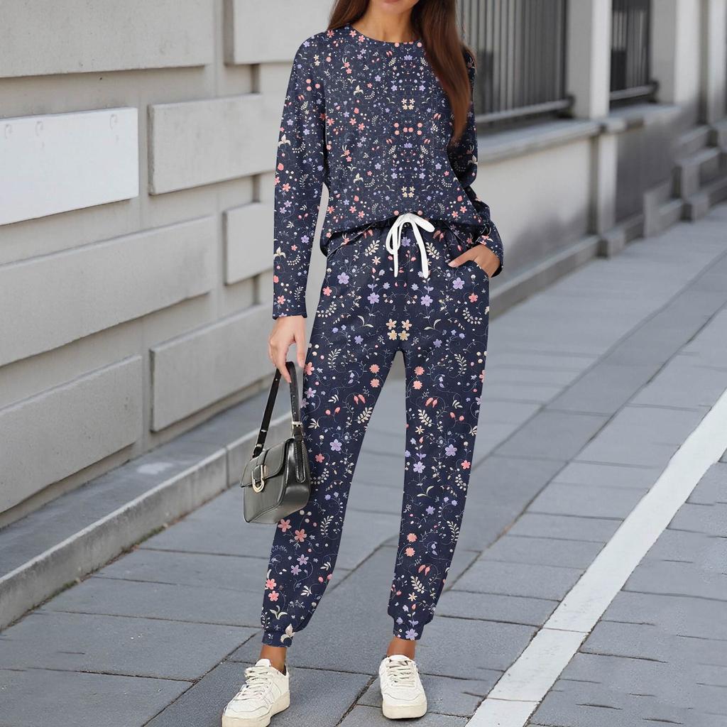 Zestawy Damskie 2-częściowe Koszulki z Okrągłym Dekoltem i Długim Rękawem Drukowane Spodnie Dresowe Zestawy z Kieszeniami