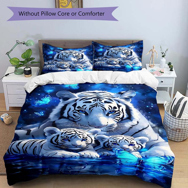 3pcs Blue Tiger Family Printed Quilt Set, Includes 1 Quilt Cover and 2 Pillowcases 135x200cm