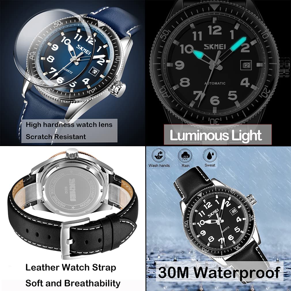 Black Leather Big Simple Luminous Arabic Date Watches for Men Men's Watch, Strap, Face, Design, Waterproof, Analog, Display, Numerals, Display,