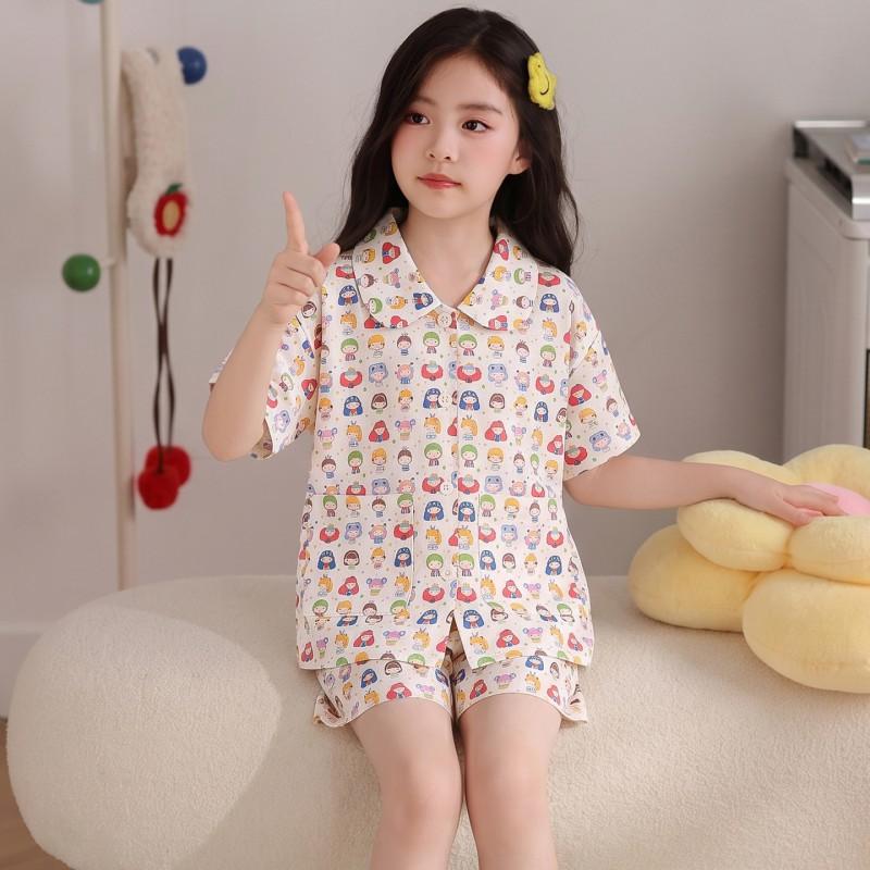 Girls Cotton Gauze Pajama Set Short Sleeve Cartoon Sleepwear Kids Home Wear