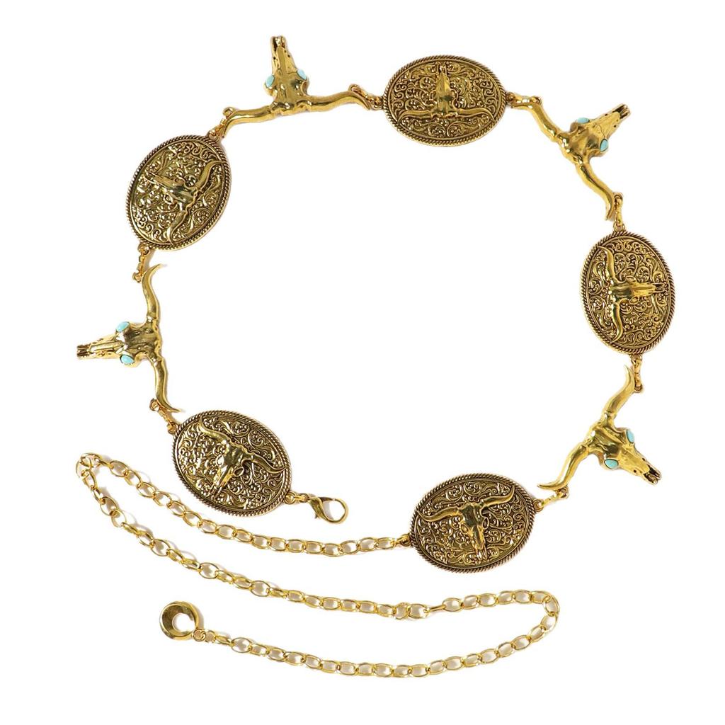 Retro Grenzüberschreitende Türkis Eingelegte Stierkopf Taillenkette mit Totem-Design