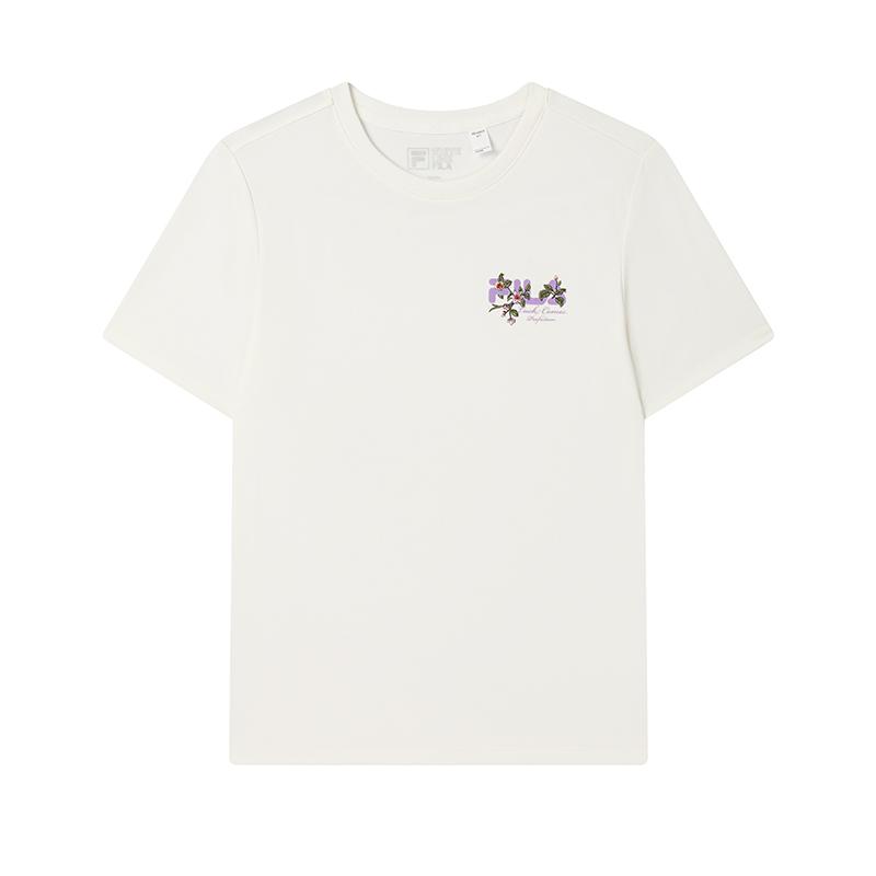 FILA Heritage Series Garden Logo Pattern Printed Knit Short Sleeve T-Shirt Women Tops Light-Beige F11W518102F-IV