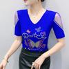 New European Women's Clothes Luxury Elegant T-Shirt Sexy Shiny Butterfly Hot Diamonds Mesh Top Tees Blouse