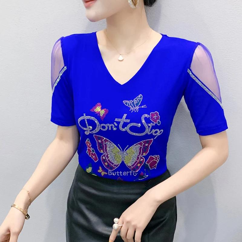 New European Women's Clothes Luxury Elegant T-Shirt Sexy Shiny Butterfly Hot Diamonds Mesh Top Tees Blouse