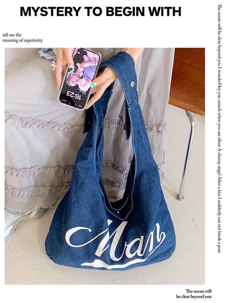 2025 Autumn Versatile Denim Canvas Tote: European & American Retro Style, Large Capacity Shoulder Bag for Students