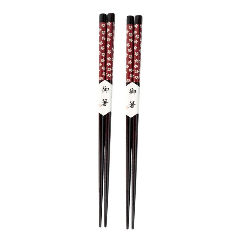 

2/5 Pairs Natural Wooden Chopsticks Reusable Black Cherry Blossom Japanese Sushi Chop Sticks Set for Chinese Food