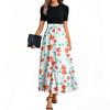 Women's Fashion Casual Belt Short Sleeve Round Neck Floral Stitching Elegant Temperament Dress