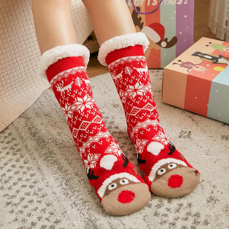 Women's Winter Velvet and Thick Christmas Glue Non Slip Home Sleeping Moon Floor Socks