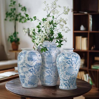 Blue and White Porcelain Ceramic Vase with Light Blue Flower and Bird Design – New Chinese Style Craft Ornament.