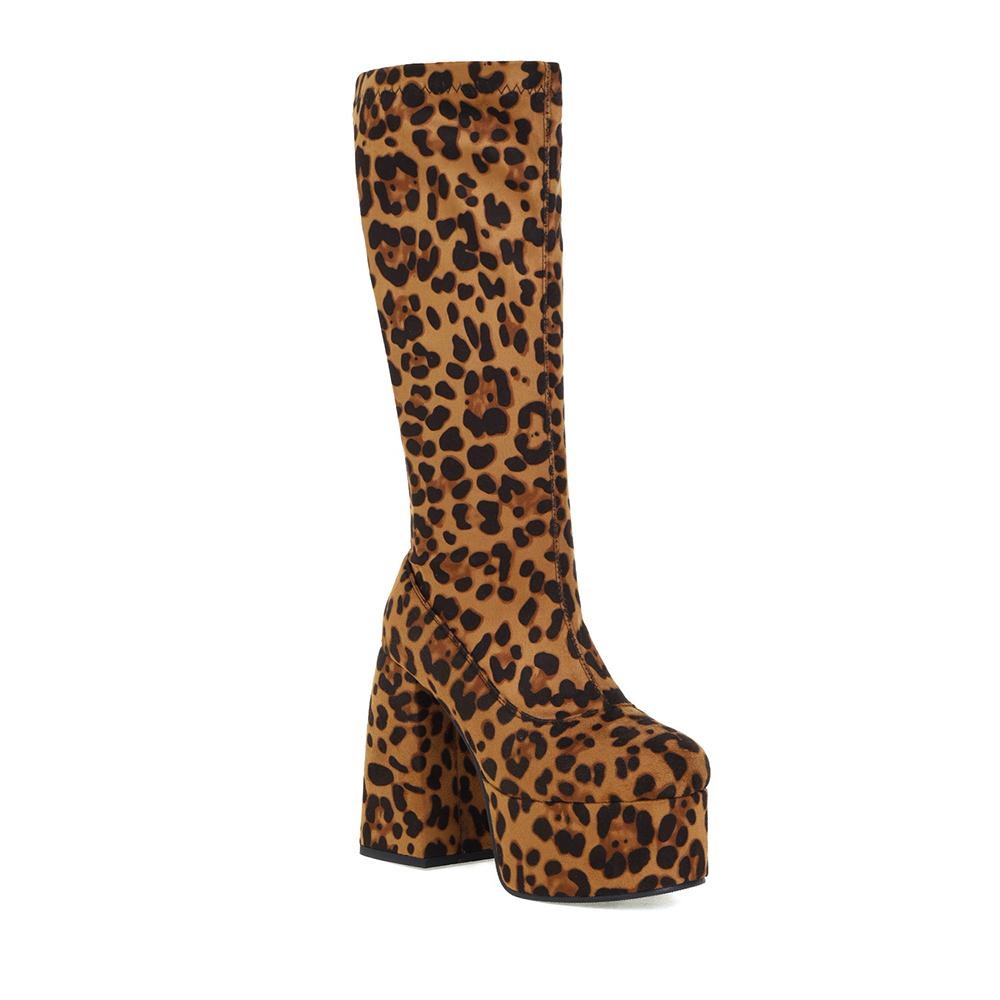New Super High Thick Heel Leopard Print Short Plush Lining Women's Knee-Length Boots High Waterproof Platform Flock Zipper Boots