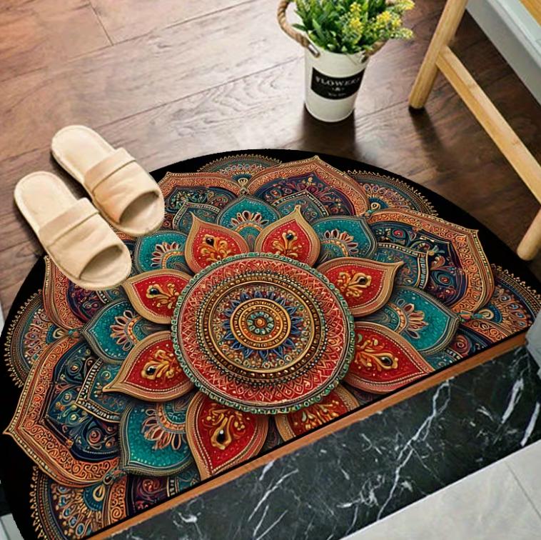 Etnisch Tribaal Mandala Bohemien Halve Ronde Deurmat Wasbaar Kleed voor Entree Woonkamer Slaapkamer Keuken Rustieke Huisdecoratie 50x80cm-felt
