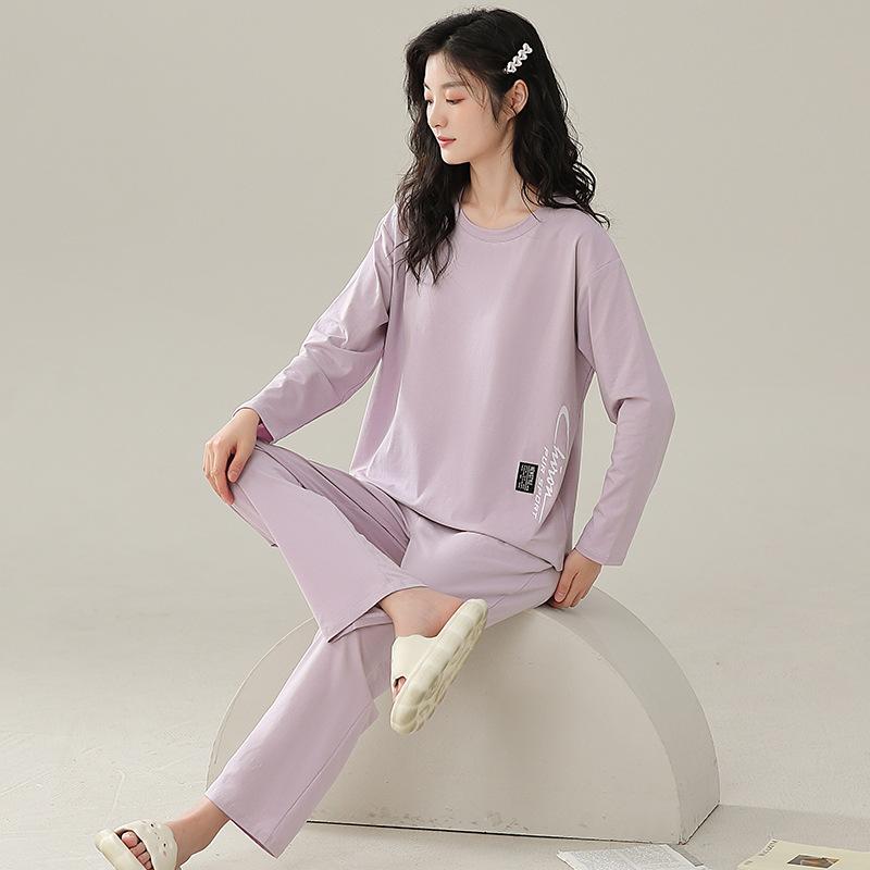 Pajamas With Chest Pads Women'S Pure Cotton Long-Sleeved Round Neck Pullover Loungewear Can Be Worn Outside