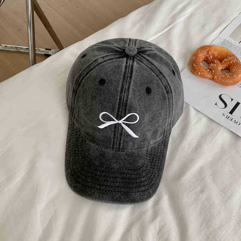 Korean-style vintage washed distressed bow baseball cap for women, new summer hat, gray American-style duckbill cap