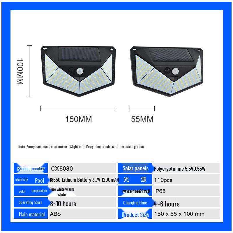 3-Mode Solar LED Wall Light: 110 LEDs, Outdoor Motion Sensor, Waterproof for Courtyard & Corridor.
