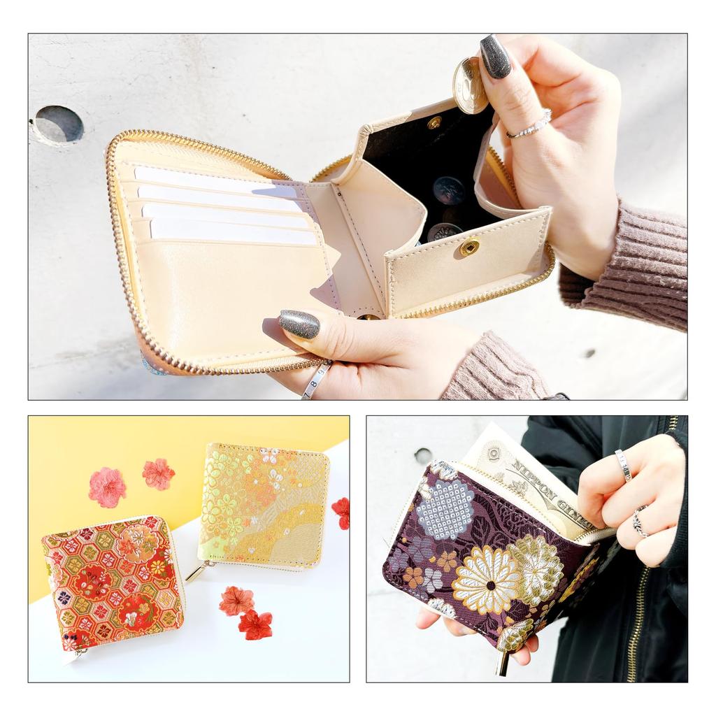 Carteira Nishijin-ori, zíper redondo, dobrável, carteira redonda, feminina, padrão japonês, estilo japonês, compacta, mini carteira, Ming, Flor de Cerejeira na Superfície da Água