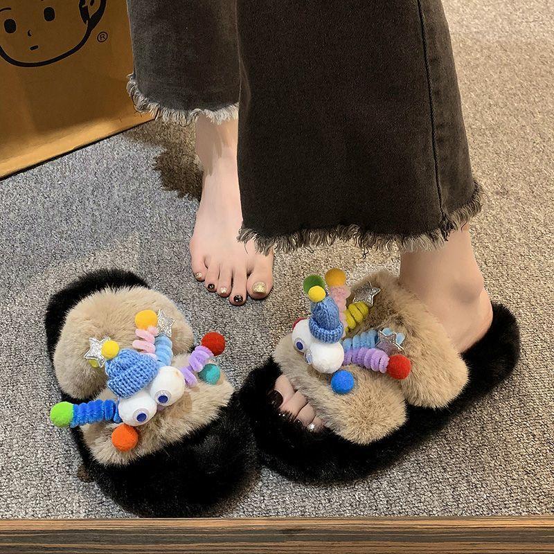 Sandals Size Cute Cartoon Fur Slippers Women Autumn Winter New Outdoor Wear Office Indoor Cotton Slippers
