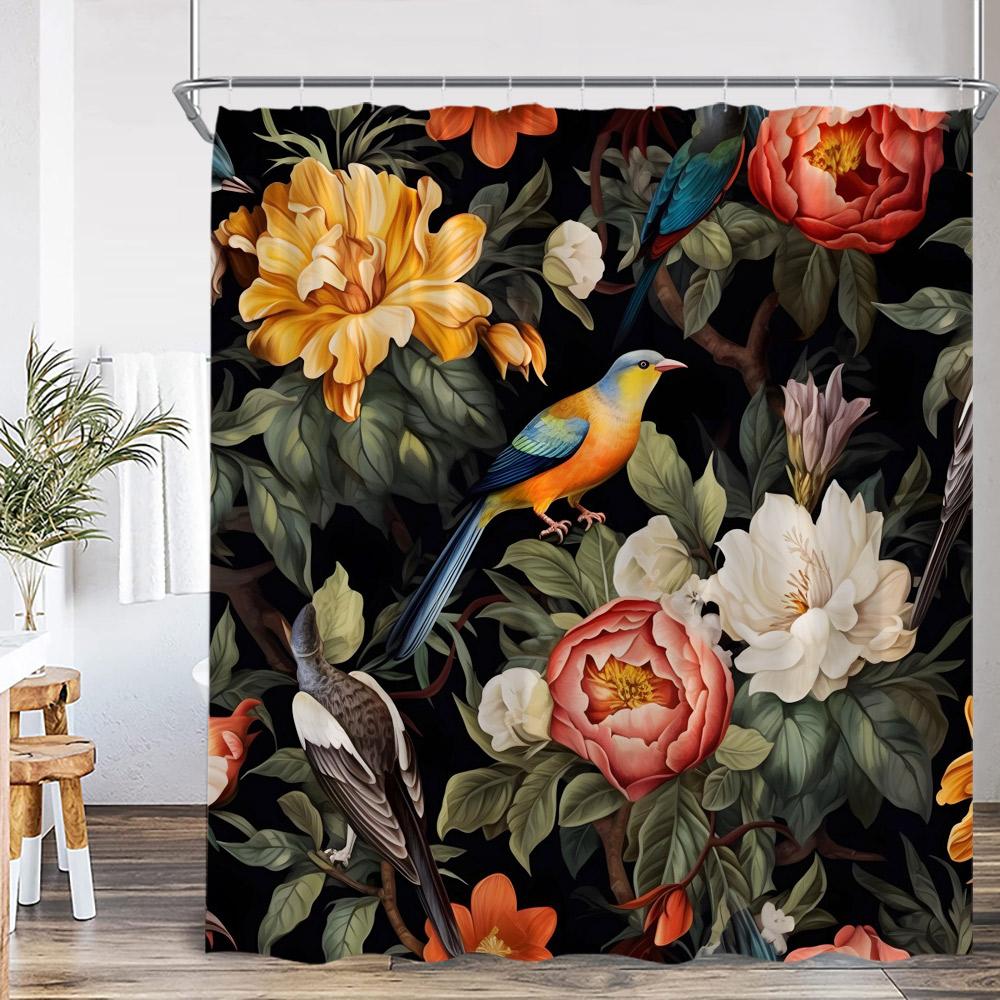 Tropical Leaf Parrots Shower Curtain Boho Vintage Floral Flower Hummingbird Plant Bathroom Decor Animal Print Modern Bath Curtai