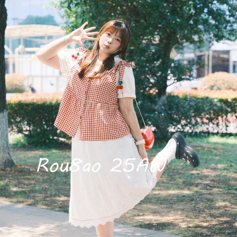 

Rou8Ao Plus-Size Women s Fashion Two-Piece Set with a Faux Two-Piece Design, Doll Collar, Loose Top, and Skirt Red L
