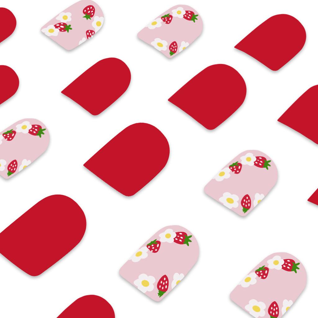 24 Stück Kurze Quadratische Aufpressnägel mit Erdbeer-Blumen-Designs Falsche Nägel Aufklebenägel Vollständige Abdeckung Acrylnägel