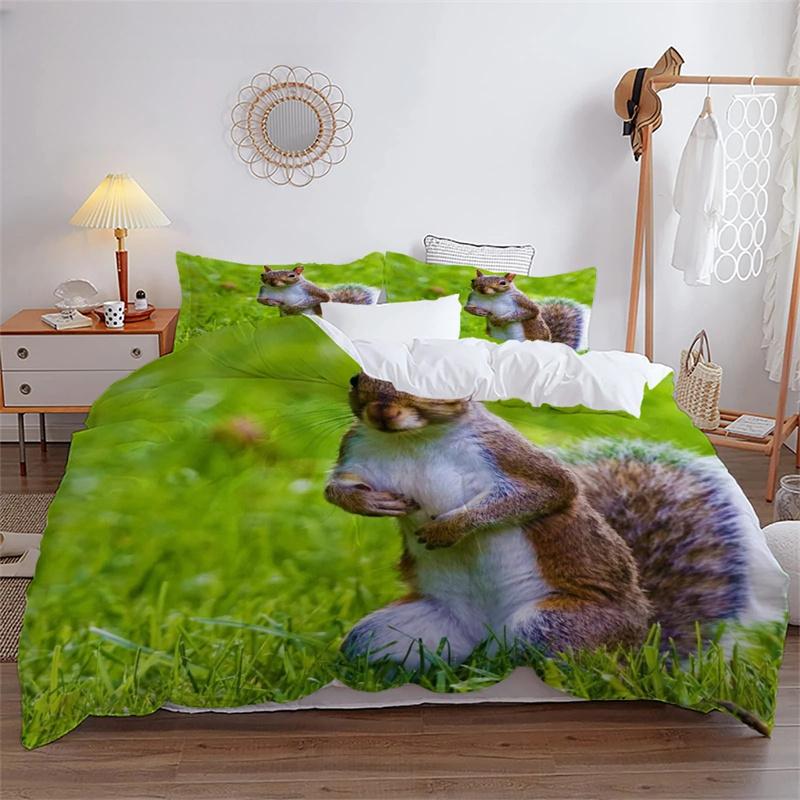 3D Squirrel King Queen Duvet Cover Lovely Animal Bedding Set for Kids Teens Adults Wildlife Green Leaves Soft 2/3pcs Quilt Cover