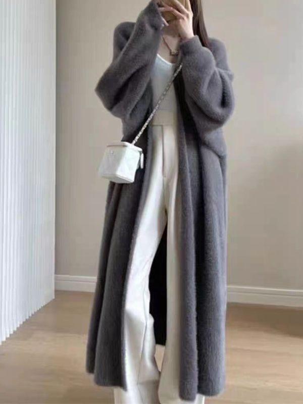 Women Faux Mink Long Cardigan Oversized Knit Coat Soft Plush Knee Length Duster Lounge Wrap