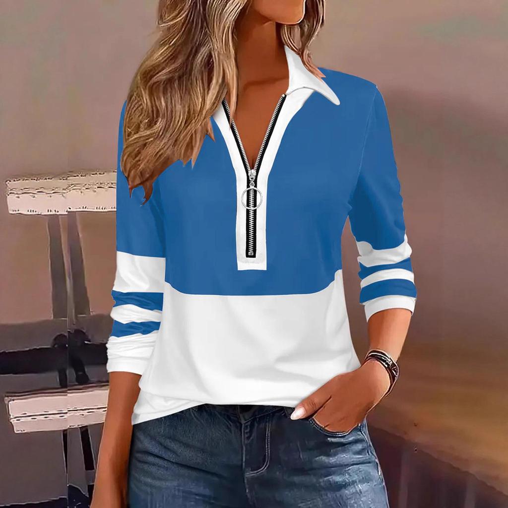 2025 Women's Spring/Summer Fashion Casual Print Turn-Down Collar Zipper Long Sleeve T-shirt