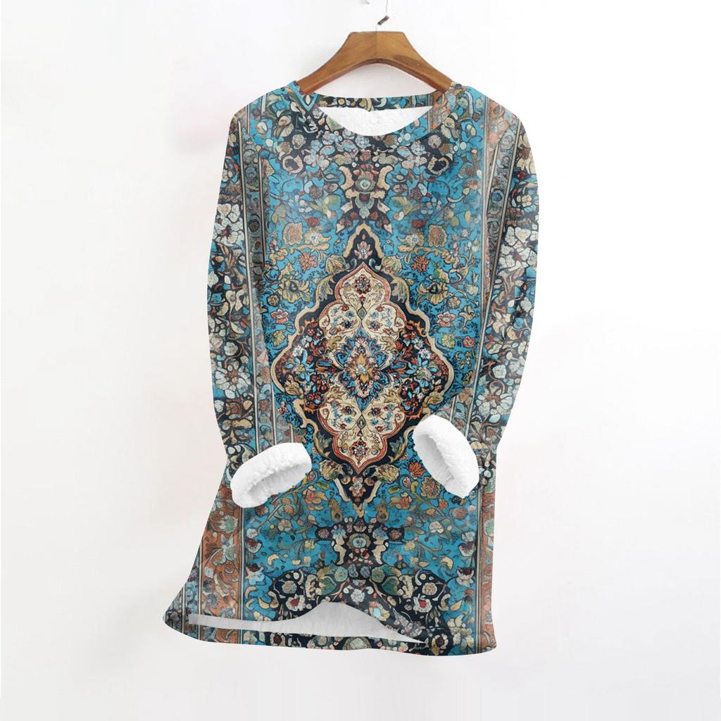 Women's Fashionable Printed Round Neck Long Sleeved Plush Warm Pullover Top
