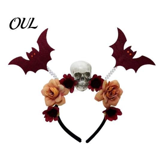 Festive Hair Decorations for Costumes Halloween Flower Skeleton Bat Headband, Gothic Floral Skull Bands, Spooky Fashionable Clips Accessory,