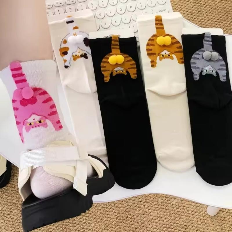 Cartoon Cat Egg Couple Socks Cozy Mid-Calf for Maternity Warm Winter Cute Present for Christmas Cat Lovers Family
