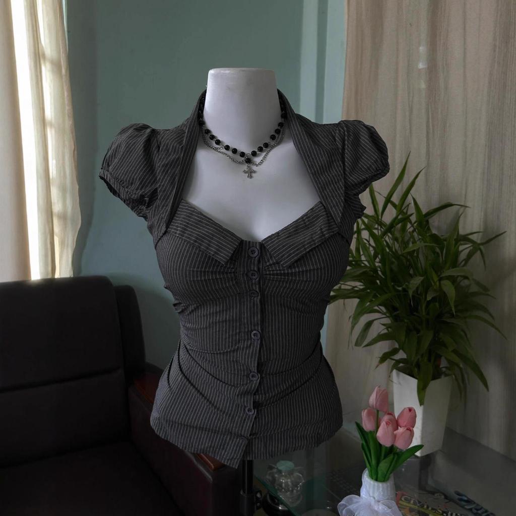 Gothic Style Waist-Cinched Striped Square Neck Top - Women’s Summer 2026 Collection